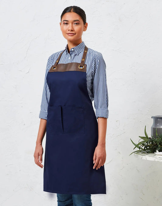 Tablier de cuisine personnalisé à bavette Espresso - Bleu marine/marron