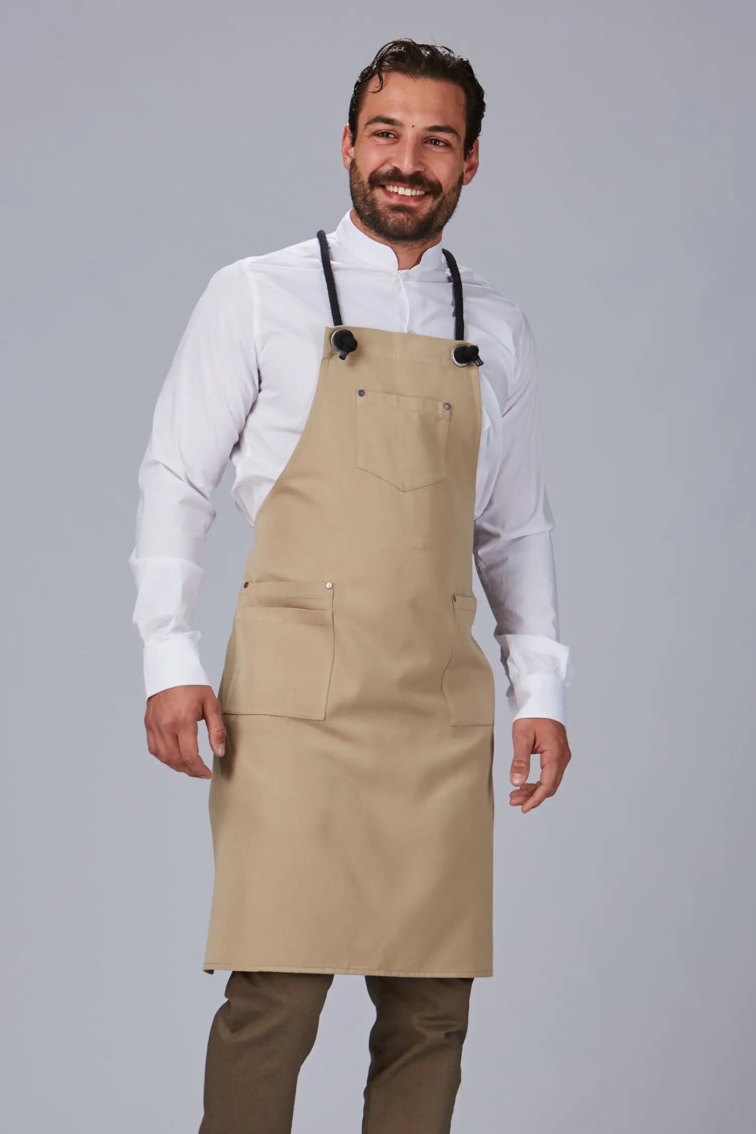 Tablier de cuisine à bavette avec cordon tressé - personnalisé - Beige