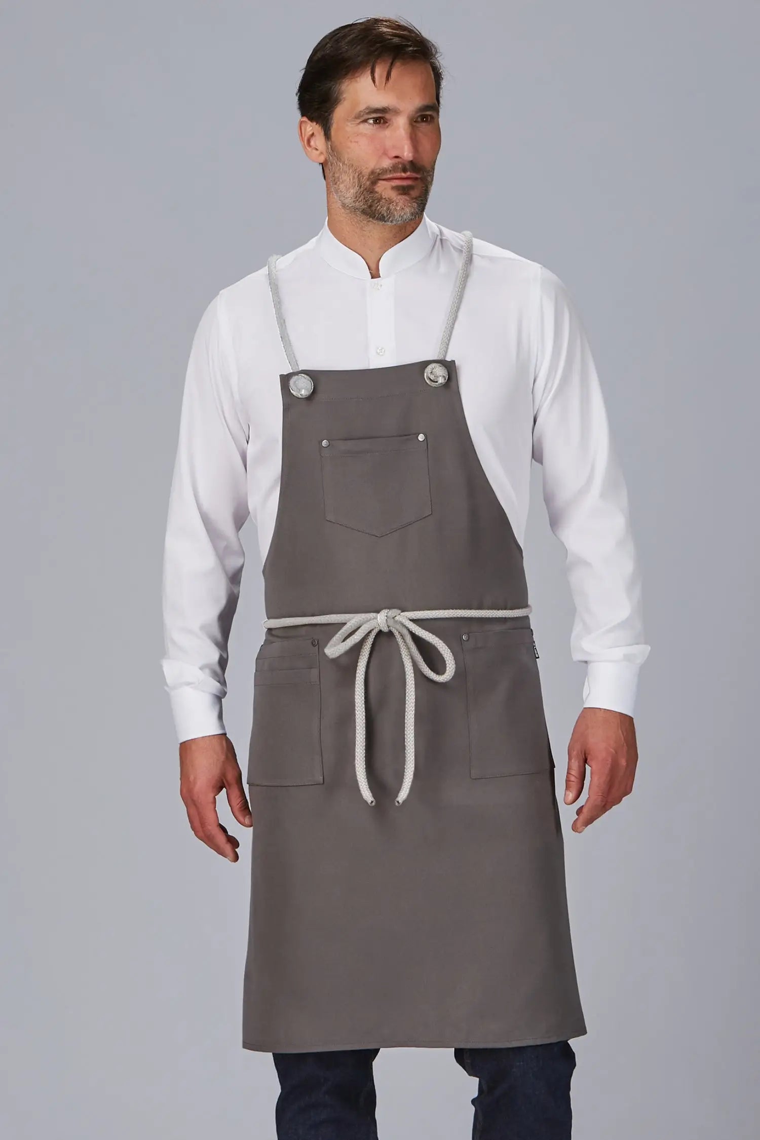 Tablier de cuisine à bavette avec cordon tressé - personnalisé - Gris