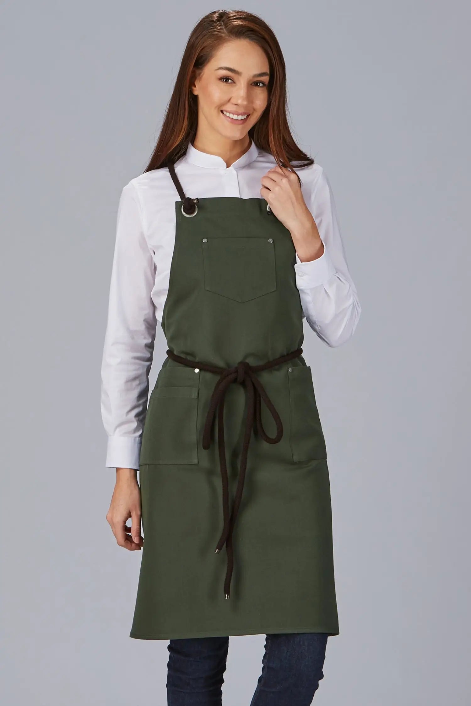Tablier de cuisine à bavette avec cordon tressé - personnalisé - Vert mousse