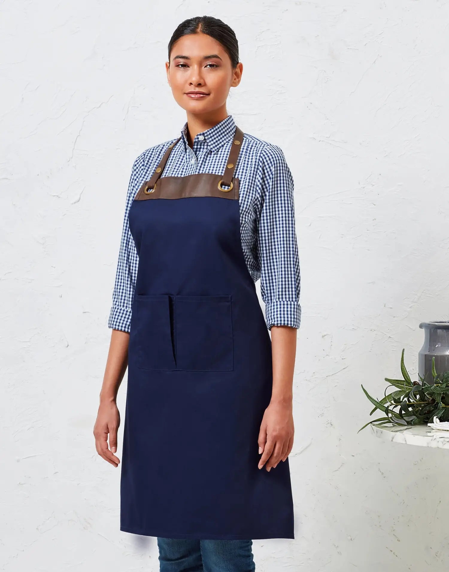 Tablier de cuisine personnalisé à bavette Espresso - Bleu marine/marron